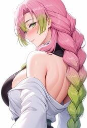 ai_generated back bare_shoulders blush braid breasts demon_slayer demon_slayer_uniform female from_behind gradient_hair green_eyes green_hair japanese_clothes kanroji_mitsuri large_breasts long_hair looking_at_viewer looking_back mole mole_under_eye multicolored_hair off_shoulder parted_lips pink_hair shadowrealmarts sideboob simple_background smile solo tri_braids twin_braids uncensored upper_body white_background