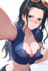ai_generated armpits black_hair blue_eyes blush bra bra_peek breasts cleavage closed_mouth collarbone crop_top cropped_jacket eyewear_on_head female forehead jacket lace-trimmed_bra large_breasts long_hair looking_at_viewer midriff navel nico_robin one_piece outstretched_arm partially_unzipped purple_bra selfie shadowrealmarts short_sleeves simple_background smile solo stomach sunglasses uncensored underwear upper_body white_background