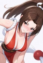 ai_generated bare_shoulders blush breasts brown_eyes brown_hair cleavage closed_mouth collarbone female high_ponytail japanese_clothes large_breasts long_hair looking_at_viewer ninja obi parted_bangs pelvic_curtain ponytail revealing_clothes rope sash shadowrealmarts shiranui_mai sideboob simple_background smile solo street_fighter thighs uncensored white_background