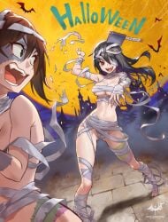 2girls black_hair black_hair_female brown_eyebrows brown_hair brown_hair_female female halloween head_tilt looking_back looking_back_at_another multiple_females multiple_girls open_mouth open_mouth_smile original original_art original_artwork original_character original_characters parted_lips tagme tilted_head tongue upper_teeth wolksheep yellow_background