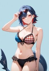 adjusting_eyewear ai_generated bare_arms bare_shoulders bikini black_bikini blue_background blue_bikini blue_hair blush breasts cleavage closed_mouth collarbone colored_inner_hair cowboy_shot ellen_joe eyewear_on_head female fins fish_tail frilled_bikini frills front-tie_bikini_top front-tie_top halterneck hand_on_eyewear heart heart-shaped_eyewear large_breasts looking_at_viewer medium_breasts mismatched_bikini multicolored_bikini multicolored_clothes multicolored_hair navel red_eyes red_hair shadowrealmarts shark_tail short_hair simple_background solo stomach sunglasses swimsuit tail two-tone_hair uncensored zenless_zone_zero