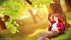 2girls 3d 3d_(artwork) 3d_background 3d_model barefoot blizzard_entertainment brown_hair cg cgi cgi_girl checkered_clothing closed_eyes clothed clothed_female d.va day daylight daytime effectsmaster231 embracing_each_other forest green_leaves hugging jeans korean korean_female latina latina_female leaf leather_clothing leaves lesbian_couple long_hair love lying_on_grass napping overwatch overwatch_2 sombra sunlight tree trees violet_hair white_tshirt