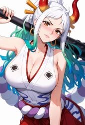ai_generated aqua_hair bare_arms bare_shoulders blush breasts brown_eyes cleavage closed_mouth club_(weapon) collarbone curled_horns earrings female gradient_hair green_hair hair_ornament hair_stick hakama holding holding_weapon hoop_earrings horns japanese_clothes jewelry kanabou kimono large_breasts lips long_hair looking_at_viewer multicolored_hair multicolored_horns one_piece oni red_hakama red_horns rope shadowrealmarts shimenawa sideboob simple_background sleeveless sleeveless_kimono solo spiked_club uncensored v-shaped_eyebrows weapon weapon_over_shoulder white_background white_hair yamato_(one_piece)
