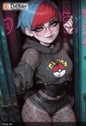 ai_generated belt blue_hair breasts dollmaker dollmaker_(artist) female fishnet_legwear fishnets freckles glasses heart hood hood_down hoodie looking_at_viewer multicolored_hair pantyhose patreon_logo patreon_username penny_(pokemon) red_hair short_hair shorts smile solo sparkle tagme watermark