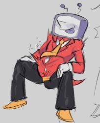big_belly button_gap deltarune deltarune_chapter_3 male male_only manspreading post-vore tenna_(deltarune) tv_head vore vore_belly