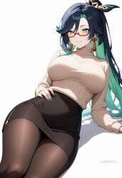 ai_generated alternate_costume aqua_eyes black_hair black_pantyhose black_skirt breasts colored_inner_hair earrings female genshin_impact glasses green_eyes green_hair grin hair_ornament jewelry large_breasts long_hair long_sleeves looking_at_viewer miniskirt multicolored_hair nail_polish pantyhose pencil_skirt ponytail red-framed_eyewear ribbed_sweater semi-rimless_eyewear shadowrealmarts simple_background skirt smile solo sweater tassel tassel_earrings thighs turtleneck turtleneck_sweater two-tone_hair uncensored very_long_hair white_background white_sweater xianyun_(genshin_impact)
