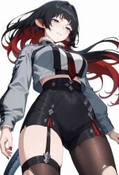 ai_generated animal_ears aqua_eyes black_hair black_shorts breasts colored_inner_hair cowboy_shot crop_top cropped_jacket female from_below fur_collar garter_straps hair_intakes horns jacket jane_doe_(zenless_zone_zero) large_breasts long_hair long_sleeves looking_at_viewer multicolored_hair nail_polish necktie pantyhose parted_lips red_hair red_nails shadowrealmarts shirt shorts simple_background single_leg_pantyhose single_thighhigh smile solo tail thighhighs torn_clothes two-tone_hair uncensored white_background white_shirt
