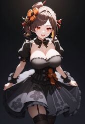 :d ai_generated black_background black_dress black_thighhighs breasts brown_hair chiori_(genshin_impact) cleavage cowboy_shot dress female frills garter_straps hair_ornament large_breasts looking_at_viewer multicolored_hair open_mouth orange_eyes puffy_short_sleeves puffy_sleeves shadowrealmarts short_sleeves skirt_hold smile solo thighhighs uncensored wrist_cuffs