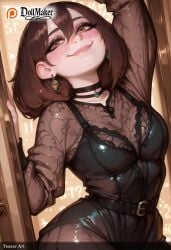 ai_generated artist_name ayase_momo blush breasts brown_eyes brown_hair choker dollmaker dollmaker_(artist) earrings female hoop_earrings jewelry patreon_username short_hair smile solo tagme