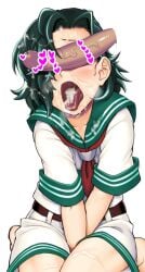 1boy after_fellatio barefoot black_hair blush breath censored cum cum_in_mouth cum_on_hair cum_on_tongue facial female heart heart_censor murasa_minamitsu open_fly open_mouth penis saliva short_hair shorts sitting solo_focus straight tongue tongue_out white_shorts