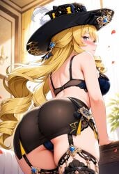 ai_generated ass ass_focus back bare_arms bare_shoulders black_bra black_headwear black_skirt black_thighhighs blonde_hair blue_bra blue_eyes blue_panties blush bra breasts cameltoe closed_mouth drill_hair drill_sidelocks female from_behind garter_straps hat hat_feather huge_ass indoors lace_trim large_breasts long_hair looking_at_viewer looking_back miniskirt navia_(genshin_impact) panties pencil_skirt petals shadowrealmarts sidelocks skirt solo thighhighs thighs uncensored underwear very_long_hair