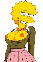 1girls 20th_century_fox 20th_century_studios ai_generated black_sweater breasts breasts_out cosplay crossover crossover_cosplay dandadan female fox_corporation gracie_films grin lisa_simpson matt_groening necklace nipples pleated_skirt school_uniform shiratori_aira_(dandadan)_(cosplay) skirt smile the_simpsons yellow_skin
