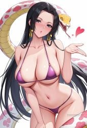 ai_generated ass_visible_through_thighs bare_shoulders bikini black_hair blowing_kiss blue_eyes blush boa_hancock breasts cleavage collarbone earrings female hand_up heart jewelry large_breasts long_hair looking_at_viewer micro_bikini navel one_piece parted_lips purple_bikini shadowrealmarts simple_background snake solo stomach swimsuit thighs uncensored very_long_hair white_background