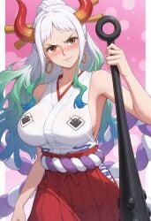 ai_generated bare_arms bare_shoulders blush border breasts brown_eyes closed_mouth club_(weapon) curled_horns earrings female gradient_hair green_hair hair_ornament hair_stick hakama holding holding_weapon hoop_earrings horns japanese_clothes jewelry kanabou kimono large_breasts long_hair looking_at_viewer multicolored_hair multicolored_horns one_piece oni red_hakama red_horns rope shadowrealmarts shimenawa sideboob sleeveless sleeveless_kimono smile solo spiked_club uncensored v-shaped_eyebrows weapon white_border white_hair yamato_(one_piece)