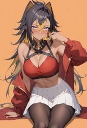 ai_generated alternate_costume armpits bare_shoulders black_hair black_pantyhose blonde_hair blue_eyes blush breasts cleavage closed_mouth criss-cross_halter crop_top crossed_bangs dark-skinned_female dark_skin dehya_(genshin_impact) earrings female hair_between_eyes hair_intakes halterneck hand_up jacket jewelry large_breasts long_hair long_sleeves looking_at_viewer midriff multicolored_hair navel off_shoulder open_clothes open_jacket orange_background pantyhose pleated_skirt red_jacket shadowrealmarts simple_background sitting skirt solo stomach streaked_hair thighs triangle_earrings two-tone_hair uncensored white_skirt