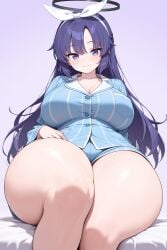 ai_generated bare_legs bed big_breasts blue_archive blue_eyes blush breasts eyebrows_visible_through_hair female hairband halo hayase_yuuka long_hair looking_at_viewer on_bed pajamas purple_hair shorts silverai simple_background sitting smile thick_thighs thighs white_hairband yuuka_(blue_archive)