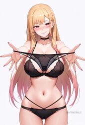 ai_generated artist_name ass_visible_through_thighs bare_shoulders black_bra black_choker black_panties blonde_hair blush bow_panties bra breasts choker cleavage closed_mouth collarbone cowboy_shot ear_piercing earrings female gradient_hair holding holding_clothes holding_panties holding_underwear jewelry kitagawa_marin lace-trimmed_panties large_breasts lingerie long_hair looking_at_viewer multicolored_hair navel outstretched_arms panties piercing pink_hair pink_nails red_eyes shadowrealmarts simple_background smile solo sono_bisque_doll_wa_koi_wo_suru stomach thigh_gap thighs uncensored underwear underwear_only white_background