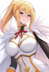 ai_generated armor blonde_hair blue_eyes blush bodysuit braid breasts cape closed_mouth darkness_(konosuba) female hair_between_eyes hair_ornament konosuba large_breasts long_hair looking_at_viewer ponytail shadowrealmarts sidelocks simple_background smile solo uncensored upper_body white_background x_hair_ornament