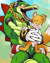 2025 anal anal_sex anthro anthro_on_anthro anthro_penetrated anthro_penetrating anthro_penetrating_anthro balls blush bodily_fluids canid canine clothing crocodile crocodilian duo electronics erection footwear fox genitals gloves gold_(metal) handwear headphones hi_res idoraado larger_anthro larger_male looking_pleasured male male/male male_penetrated male_penetrating male_penetrating_male mammal moan mostly_nude motion_lines open_mouth penetration penile penile_penetration penis penis_in_ass reptile saliva scalie sega sex signature size_difference smaller_anthro smaller_male sonic_the_hedgehog_(series) tails teeth vector_the_crocodile