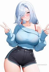 ai_generated alternate_costume artist_name bare_shoulders black_shorts blue_eyes blue_nails blue_sweater blush bra bra_strap bra_visible_through_clothes breasts closed_mouth collarbone contemporary double_v earrings female grey_hair hair_over_one_eye high-waist_shorts jewelry large_breasts long_hair long_sleeves looking_at_viewer off_shoulder patreon_username shadowrealmarts shenhe_(genshin_impact) short_shorts shorts simple_background smile solo sweater thighs uncensored underwear v white_background white_hair
