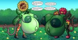 accessory anthro areola ass belly big_areola big_belly big_breasts big_butt blush breasts clothing duo elemental_creature english_text eyelashes eyewear female flora_fauna flower flower_hair flower_hands footwear glasses green_body green_nipples hair_accessory hairband hi_res high_heels huge_areola huge_belly huge_breasts hyper hyper_belly hyper_breasts hyper_pregnancy leaf leaf_arms leaves_on_body legwear long_eyelashes long_neck mature_female navel nipples outie_navel outside pattern_clothing pattern_legwear pattern_stockings plant plant_hair pregnant pregnant_female pseudo_hair puffy_areola puffy_nipples root_tail rose_(flower) shoes slim sprucy stockings striped_clothing striped_legwear striped_stockings stripes sunflower text thick_thighs thorns
