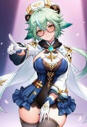 ai_generated alternate_breast_size animal_ears beret black_thighhighs blue_dress blush breasts cape cat_ears closed_mouth dress female glasses gloves gold_trim green_hair hair_between_eyes hat large_breasts long_hair long_sleeves looking_at_viewer multicolored_hair orange_eyes pointing ponytail semi-rimless_eyewear shadowrealmarts smile solo sucrose_(genshin_impact) thighhighs thighs uncensored vision_(genshin_impact) white_gloves white_headwear yellow_eyes