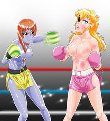 2girls abs arena big_breasts big_thighs blonde_hair blue_eyes blue_skin boxing boxing_gloves boxing_match boxing_ring boxing_skirt breasts bruise catfight company_connection crossover duo female female_only fight green_boxing_gloves green_gloves hair_between_eyes half-closed_eyes human large_breasts lips long_hair mario_(series) midna mouth_guard multiple_girls nintendo nipples nude open_mouth orange_hair parted_bangs pink_boxing_gloves pink_gloves princess_peach pugilismx punch red_eyes shiny_hair shiny_skin straight_hair sweat the_legend_of_zelda thick thick_hips thick_thighs thighs tied_hair topless topless_boxing twili twili_midna twilight_princess wide_hips