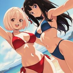 2girls ai_generated akai_yume bikini blue_bikini females_only inoue_takina lycoris_recoil nishikigi_chisato red_bikini swimsuit