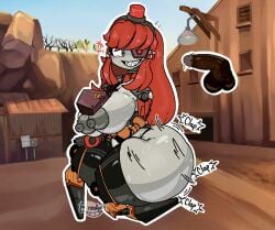1boy, 1girl, android, ass, borrowed breasts, character, colored day, disembodied eyes, feet, focus, girl, grey grin, hair, hetero, heterochromia, jaggy joints, large lines long nipples, no outdoors, outline, penis, red robot robot, screw, sharp skin, smile, solo squatting, teeth, testicles, white yellow