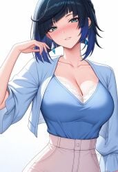 ai_generated alternate_costume black_hair blue_hair blue_shirt blush bob_cut breasts cleavage collarbone earrings female genshin_impact green_eyes hand_up jacket jewelry large_breasts long_sleeves looking_at_viewer multicolored_hair pants parted_lips shadowrealmarts shirt shirt_tucked_in short_hair simple_background smile solo uncensored white_background white_jacket white_pants yelan_(genshin_impact)