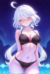 ahoge ai_generated alternate_breast_size bare_shoulders black_bra black_panties blue_eyes blue_hair blush bow bow_bra bow_panties bra breasts cleavage collarbone cowboy_shot cowlick drop-shaped_pupils female furina_(genshin_impact) genshin_impact groin hair_between_eyes half-closed_eyes heterochromia light_blue_hair long_hair looking_at_viewer medium_breasts mismatched_pupils multicolored_hair navel night night_sky panties parted_lips shadowrealmarts sky solo stomach streaked_hair thighs two-tone_hair uncensored underwear underwear_only very_long_hair wading water white_hair
