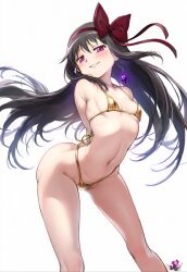 ai_generated akemi_homura akuma_homura artist_logo big_ass big_butt bikini black_hair curvy curvy_figure demon demon_girl devil devil_girl golden_bikini hands_behind_back hi_res long_hair madoka_worship magical_girl mahou_shoujo_madoka_magica petite pose puella_magi_madoka_magica purple_eyes ribbon seductive seductive_look seductive_smile simple_background skimpy_bikini small_breasts straight_hair white_background