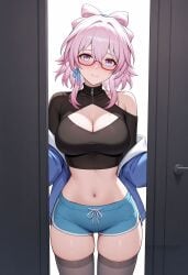 ai_generated alternate_costume black_shirt black_thighhighs blue_eyes blue_jacket blue_shorts blush breasts cleavage cleavage_cutout closed_mouth clothing_cutout cowboy_shot crop_top earrings female glasses hair_between_eyes honkai:_star_rail jacket large_breasts long_sleeves looking_at_viewer march_7th_(honkai:_star_rail) medium_hair midriff navel off_shoulder pink_eyes pink_hair red-framed_eyewear semi-rimless_eyewear shadowrealmarts shirt short_shorts shorts single_bare_shoulder smile solo stomach thighhighs thighs two-tone_eyes uncensored
