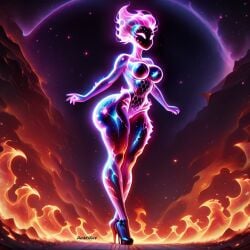 1girls ai_generated black_body black_skin breasts darkeffect elemental_creature elemental_humanoid female female_focus female_only fire fire_creature fire_hair fire_humanoid flame flames glowing glowing_body nude partially_clothed pink_flames solo solo_female solo_focus wide_hips