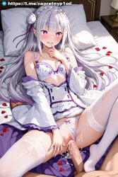 ai-created ai_generated anime_girl anime_style bra_visible cum_in_pussy dick_in_pussy digital_art dress_pulled_down emilia_(re:zero) erotic lace_panties lace_stockings legs_spread lying_on_back lying_on_bed missionary_position re:zero_kara_hajimeru_isekai_seikatsu silver_hair uncensored