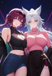 2girls ai_generated alternate_costume animal_ear_fluff animal_ears bare_shoulders black_jacket black_skirt blue_eyes blue_skirt breast_press breasts cleavage cleavage_cutout clothing_cutout cowboy_shot crop_top denim denim_skirt earrings eyewear_on_head facial_mark feixiao_(honkai:_star_rail) fox_ears grey_hair high-waist_skirt honkai:_star_rail jacket jewelry kafka_(honkai:_star_rail) large_breasts long_hair long_sleeves looking_at_viewer midriff miniskirt multiple_girls navel off_shoulder parted_bangs parted_lips pencil_skirt pince-nez ponytail purple_eyes purple_hair shadowrealmarts shirt skirt sleeveless smile stomach sunglasses sweater thighs turtleneck uncensored white_hair