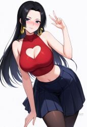 ai_generated bare_arms bare_shoulders black_hair black_pantyhose blue_eyes blue_skirt blush boa_hancock breasts cleavage cleavage_cutout closed_mouth clothing_cutout cowboy_shot crop_top earrings female hand_up heart_cutout jewelry large_breasts long_hair looking_at_viewer midriff navel one_piece pantyhose pleated_skirt red_shirt shadowrealmarts shirt simple_background skirt sleeveless sleeveless_shirt smile solo stomach uncensored white_background