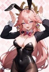 :d ai_generated alternate_costume animal_ears arms_up black_leotard black_pantyhose blush bow bowtie breasts brown_pantyhose cleavage covered_navel cowboy_shot detached_collar earrings fake_animal_ears fake_tail female fox_ears hair_between_eyes hair_ornament hands_up highleg highleg_leotard jewelry large_breasts leotard long_hair long_sleeves looking_at_viewer low-tied_long_hair oerba_yun_fang open_mouth pantyhose pink_hair playboy_bunny purple_eyes rabbit_ears rabbit_pose rabbit_tail red_bow red_bowtie shadowrealmarts shrug_(clothing) smile solo strapless strapless_leotard tail uncensored very_long_hair wrist_cuffs yae_miko