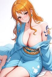 ai_generated bare_shoulders barefoot blue_kimono blush breasts brown_eyes cleavage closed_mouth collarbone earrings female floral_print japanese_clothes jewelry kimono large_breasts long_hair long_sleeves looking_at_viewer nami_(one_piece) obi off_shoulder one_piece orange_hair sash shadowrealmarts shoulder_tattoo simple_background single_bare_shoulder sitting smile solo tattoo thighs uncensored wariza white_background