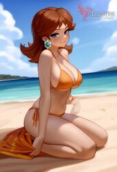1girls 2d ai_generated bangs bare_shoulders barefoot beach bikini_bottoms blue_eyes breasts brown_hair cleavage crown earrings erophoenix feet jewelry large_ass large_breasts long_hair looking_at_viewer mario_(series) nintendo nipple ocean outdoors pale_skinned_female patreon_username princess_daisy sitting smile solo super_mario_bros. super_smash_bros. sweat toes uncensored v_arms