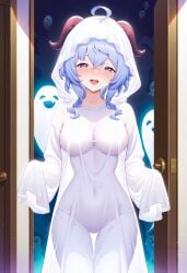 :d ahoge ai_generated alternate_costume blue_hair blush breasts covered_navel doorway dress female ganyu_(genshin_impact) genshin_impact ghost ghost_costume ghost_pose halloween halloween_costume hood hood_up horns large_breasts long_hair long_sleeves looking_at_viewer open_mouth purple_eyes see-through shadowrealmarts sidelocks sleeves_past_fingers sleeves_past_wrists smile solo standing thigh_gap uncensored