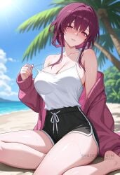 ai_generated alternate_costume bare_shoulders barefoot beach black_shorts blue_sky blush breasts camisole cleavage cloud day dolphin_shorts female honkai:_star_rail jacket kafka_(honkai:_star_rail) large_breasts long_hair long_sleeves looking_at_viewer off_shoulder outdoors palm_tree parted_lips purple_eyes purple_hair shadowrealmarts short_shorts shorts sitting sky smile solo thighs tree uncensored