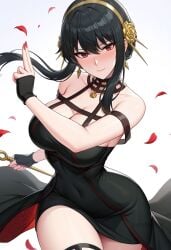 ai_generated bare_shoulders black_dress black_gloves black_hair blush breasts cleavage closed_mouth collarbone covered_navel cowboy_shot dagger dress earrings falling_petals female fingerless_gloves floating_hair flower gloves gold_earrings gold_hairband hair_flower hair_ornament hairband holding holding_dagger holding_knife holding_weapon jewelry knife large_breasts long_hair looking_at_viewer nail_polish petals red_eyes red_nails rose rose_petals rose_print shadowrealmarts sidelocks simple_background smile solo spikes spy_x_family thighs two-sided_dress two-sided_fabric uncensored weapon white_background yor_briar