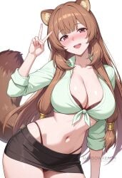 :d ai_generated animal_ear_fluff animal_ears black_panties black_skirt blush bra breasts brown_hair cleavage collarbone cowboy_shot female green_shirt hand_up large_breasts long_hair long_sleeves looking_at_viewer microskirt midriff miniskirt navel open_mouth panties pencil_skirt raccoon_ears raccoon_girl raccoon_tail raphtalia red_eyes shadowrealmarts shirt simple_background skirt smile solo stomach tail the_rising_of_the_shield_hero thighs tied_shirt uncensored underwear v very_long_hair white_background