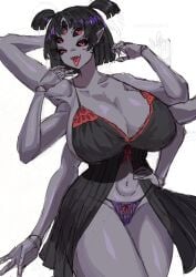 1girls 5_eyes big_breasts black_lingerie breasts breasts_bigger_than_head cleavage clothing fangs female huge_breasts lemonbizate_(artist) lingerie looking_at_viewer monster_girl muffet panties purple_body purple_panties revealing_clothes simple_background solo solo_female spider_girl teasing thick_thighs tongue_out undertale undertale_(series) watermark white_background
