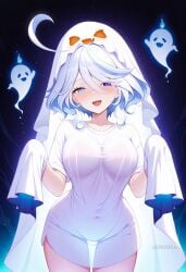 ahoge ai_generated alternate_breast_size alternate_costume blue_eyes blue_hair blush breasts covered_navel cowboy_shot female furina_(genshin_impact) genshin_impact ghost ghost_costume ghost_pose hair_between_eyes halloween heterochromia large_breasts looking_at_viewer mismatched_pupils multicolored_hair open_mouth see-through see-through_silhouette shadowrealmarts shirt short_hair short_sleeves smile solo streaked_hair thigh_gap thighs two-tone_hair uncensored white_hair white_shirt