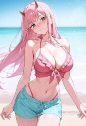 ai_generated bare_arms bare_shoulders beach bikini blue_shorts blue_sky blurry blurry_background blush breasts cleavage closed_mouth collarbone cowboy_shot darling_in_the_franxx day female frilled_bikini frills front-tie_bikini_top front-tie_top green_eyes halterneck head_tilt highleg horns large_breasts long_hair looking_at_viewer navel ocean outdoors pink_bikini pink_hair red_horns shadowrealmarts short_shorts shorts sky smile solo stomach swimsuit thigh_gap thighs uncensored zero_two_(darling_in_the_franxx)