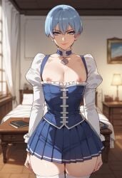 1boy 1femboy 2024 ai_generated alternate_version_available aqua_hair bed bedroom blue_eyes blue_hair choker corset crossdressing dress eyelashes femboy feminine_male frilled_dress frills girly himmel_(sousou_no_frieren) indoors kyranqaek legwear looking_at_viewer nipples_out nipples_outside sousou_no_frieren standing thighs trap twink white_legwear zettai_ryouiki