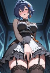 ai_generated apron ass_visible_through_thighs belle_(zenless_zone_zero) black_dress black_lips black_thighhighs blue_hair blush breasts cleavage cowboy_shot dress earrings female fishnets frills from_below garter_straps green_eyes hair_between_eyes hair_ornament hairclip jewelry long_sleeves looking_at_viewer looking_down makeup medium_breasts parted_lips shadowrealmarts short_hair solo thighhighs thighs uncensored zenless_zone_zero