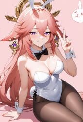ai_generated alternate_costume animal_ears arm_support bare_shoulders black_bow black_bowtie black_pantyhose blush bow bowtie breasts brown_pantyhose cleavage closed_mouth covered_navel detached_collar earrings fake_animal_ears fake_tail female floppy_ears fox_ears hair_between_eyes hairband hand_up highleg_leotard jewelry large_breasts leotard long_hair looking_at_viewer nail_polish pantyhose pink_background pink_hair playboy_bunny purple_eyes rabbit_ears rabbit_tail shadowrealmarts sitting smile solo strapless strapless_leotard tail thighs uncensored v very_long_hair white_hairband white_leotard white_wrist_cuffs wrist_cuffs yae_miko